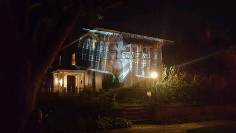 Video of Deputy Sheriff Brady Lovinger beating Anthony Waller in court in 2012. Projected onto District Attorney Mitch Morrissey’s house 9/9/15